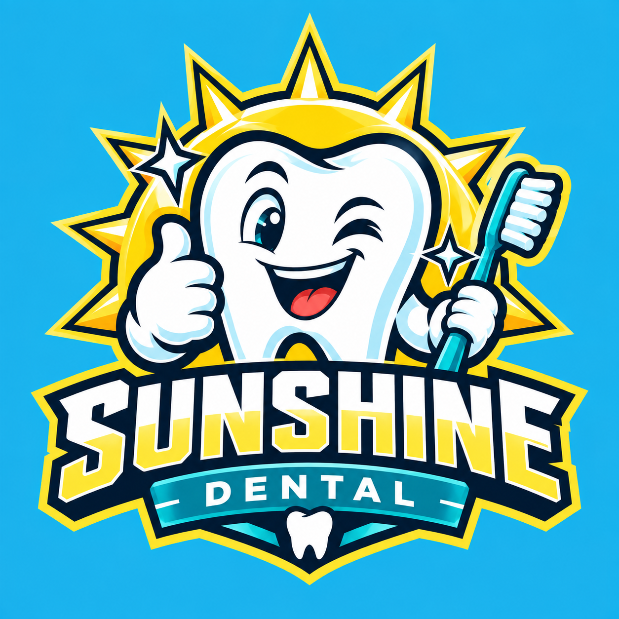 SUNSHINE DENTAL smiling tooth and sun emblem